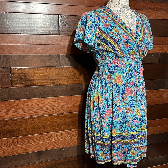 No Brand Tag V Neck Short Sleeve Teal Blue Floral Wrap Midi Dress - Picture 2 of 9